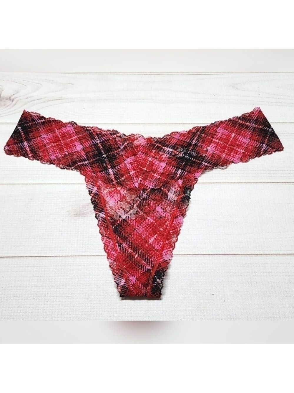 Victoria's Secret Red Plaid Lace Thong Panty Medium - New Without Tags